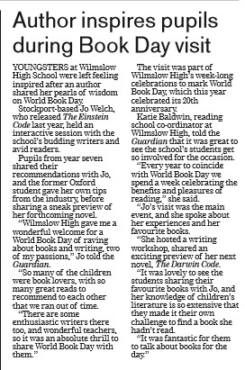 Wilmslow Guardian features J. D. Welch and her World Book Day Visit