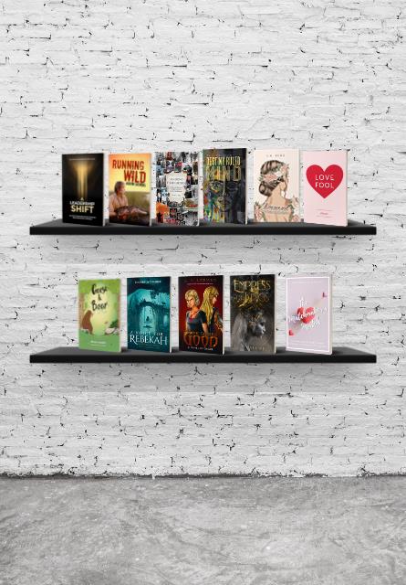 Image shows a white brick background, there are two shelves ontop of each other holding different books. The first shelf has 6 books and the second shelf has 5 books.