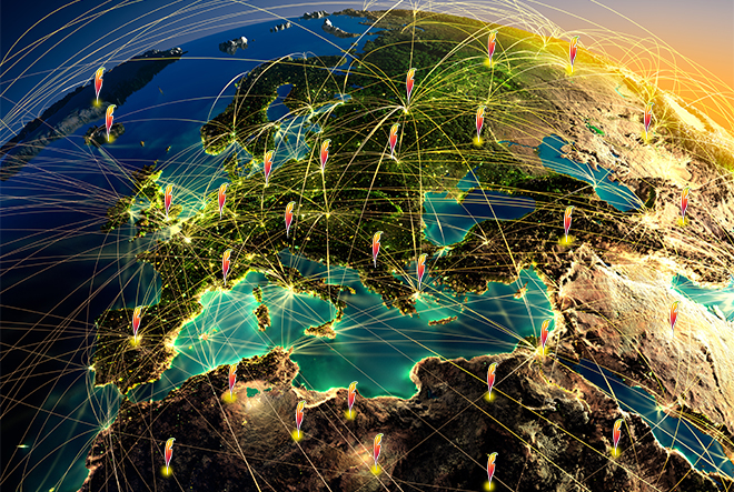 Image shows a colourful zoomed in image of a globe with bright gold wires and pinpoints dotted all across.