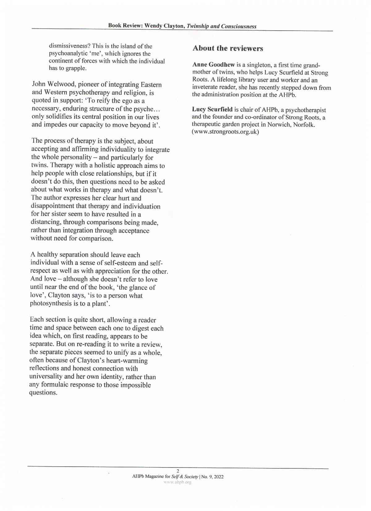 Book Review of Twinship and Consciousness in AHPB Magazine