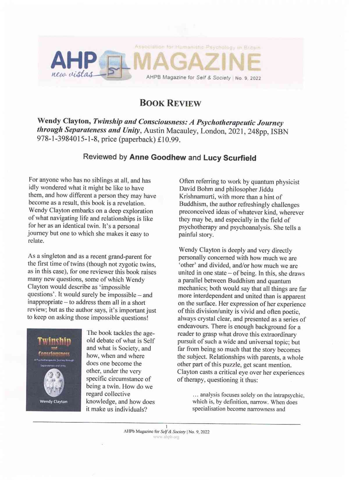 Book Review of Twinship and Consciousness in AHPB Magazine