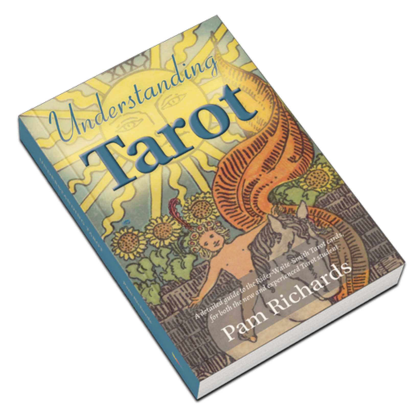 Images shows a single book on a diagonal angle. The title is 'Understanding Tarot' and has a sunshine and a young boy riding a horse.