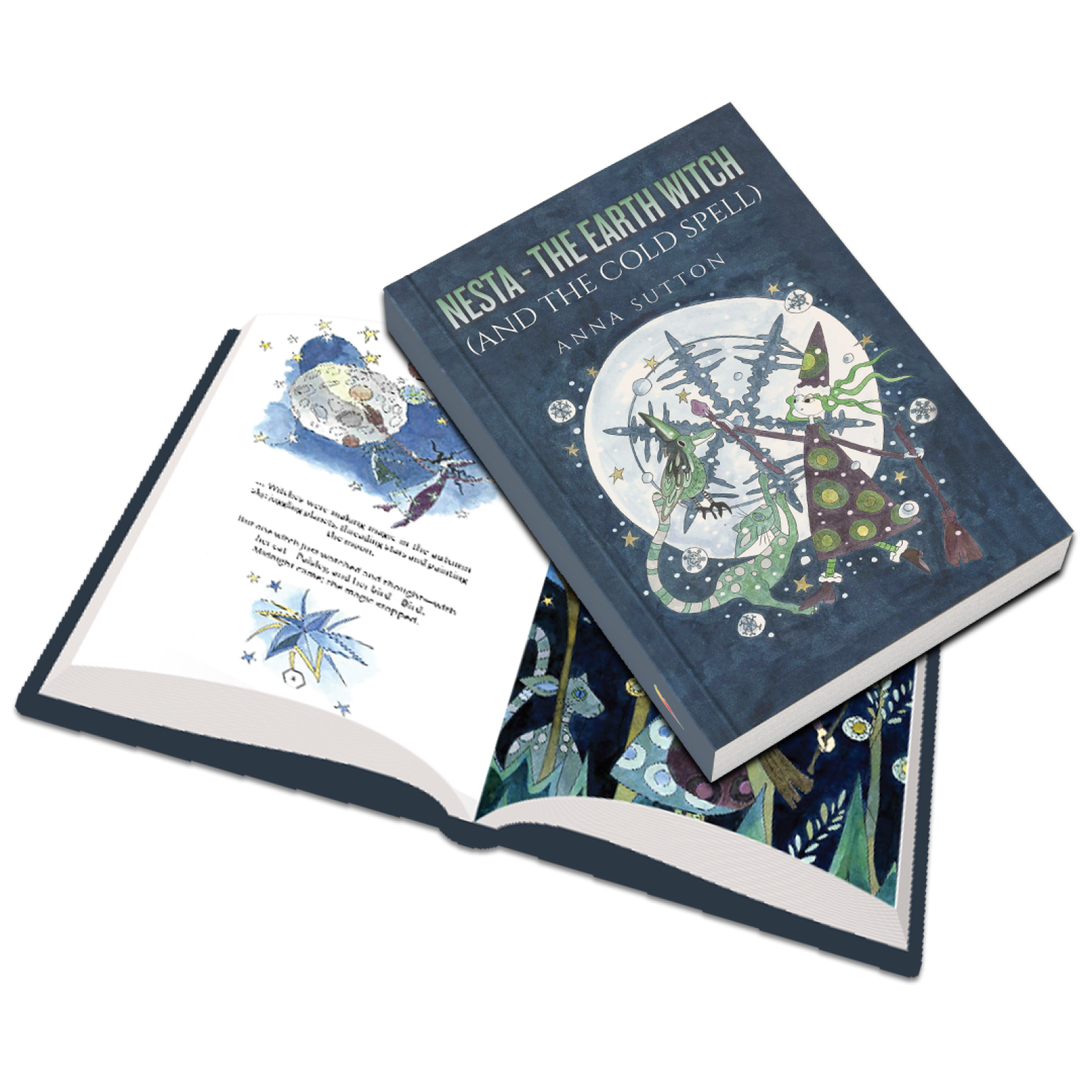Image shows a book opened on an angle with witch graphic imagery inside. A closed book is laying ontop on a diagonal angle with witch graphic imagery on the front.

