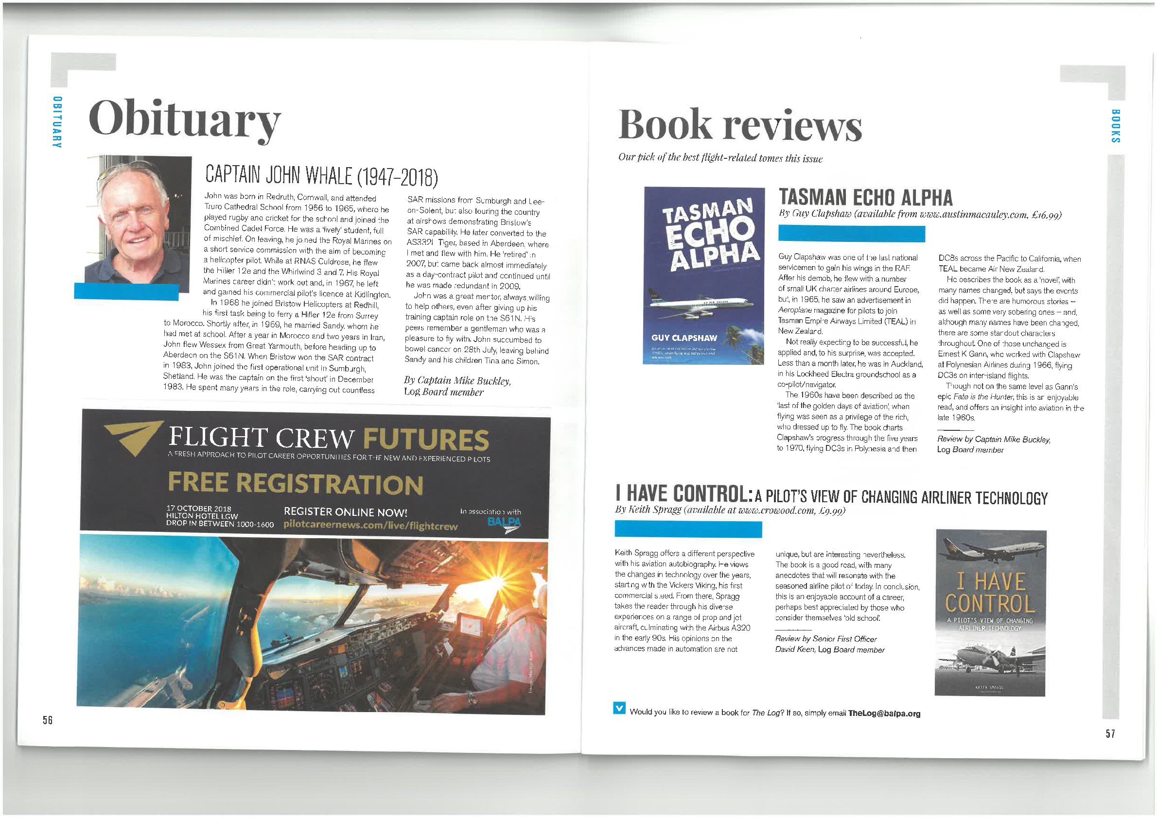 Book Review of ‘Tasman Echo Alpha’ by British Airline Pilots Association Magazine, The Log