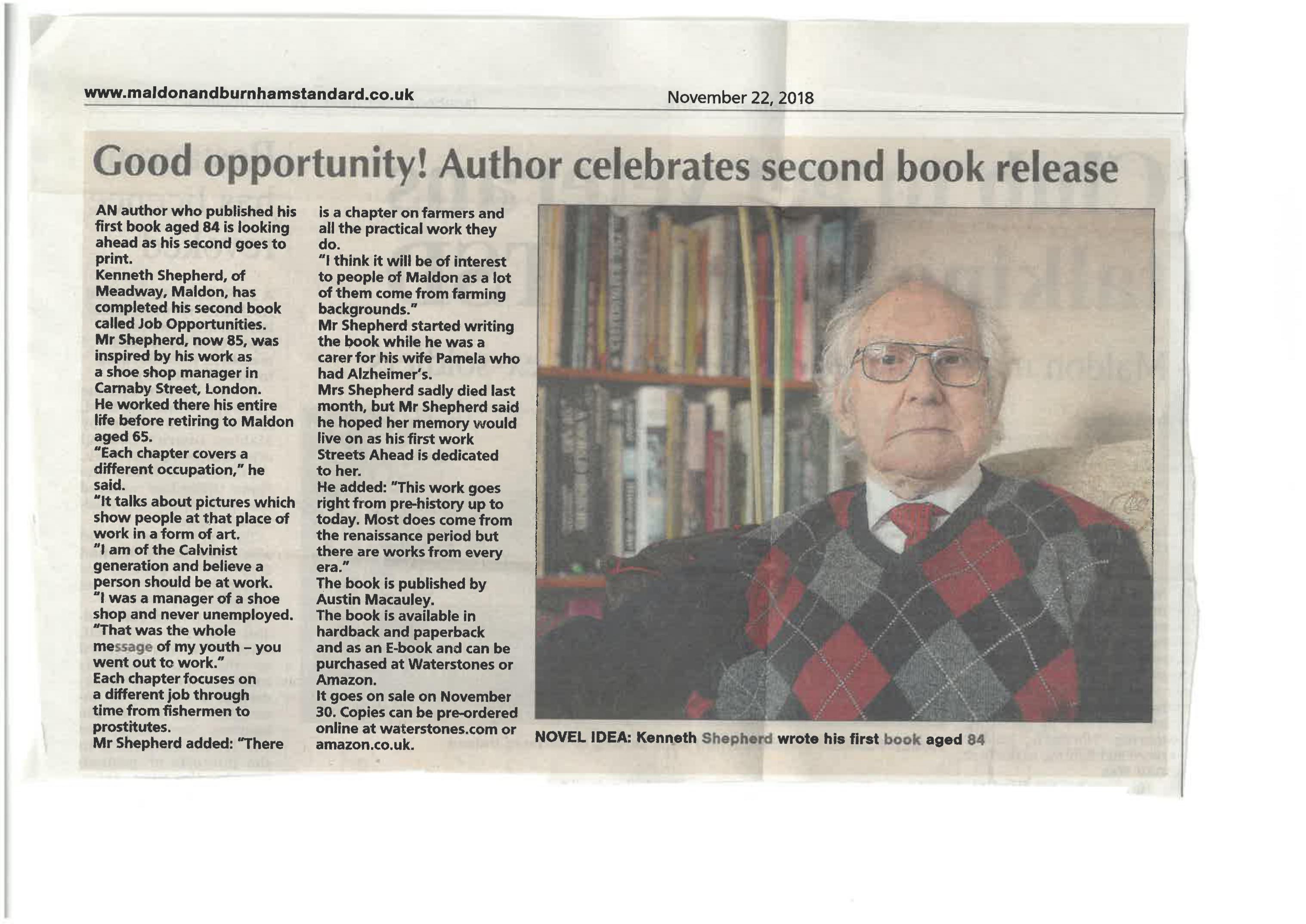 The book ‘Job Opportunities’ by Kenneth Louis Shepherd got Featured in a Local Newspaper
