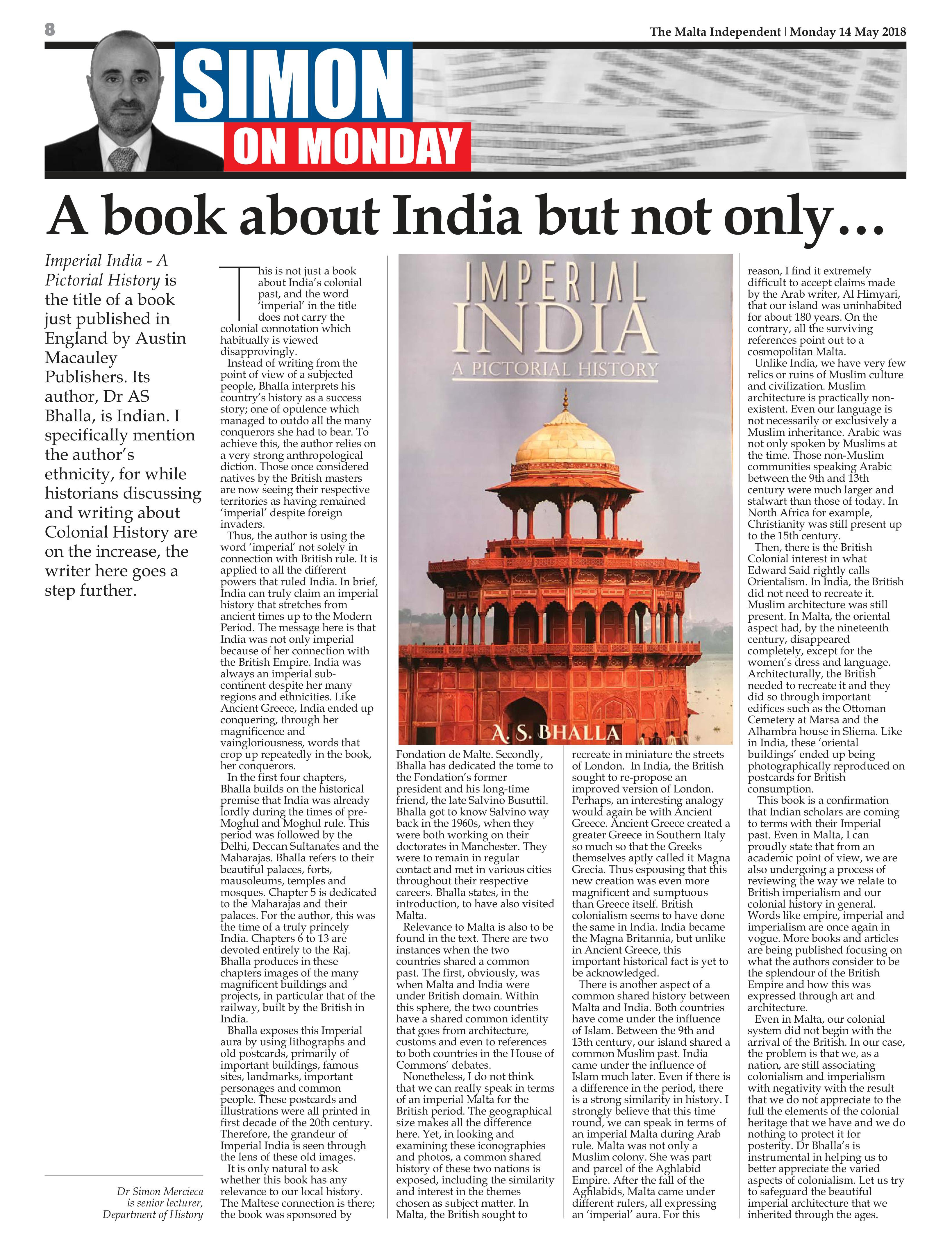 ‘Imperial India: A Pictorial History’ by A.S. Bhalla received a Shining Review in a Newspaper