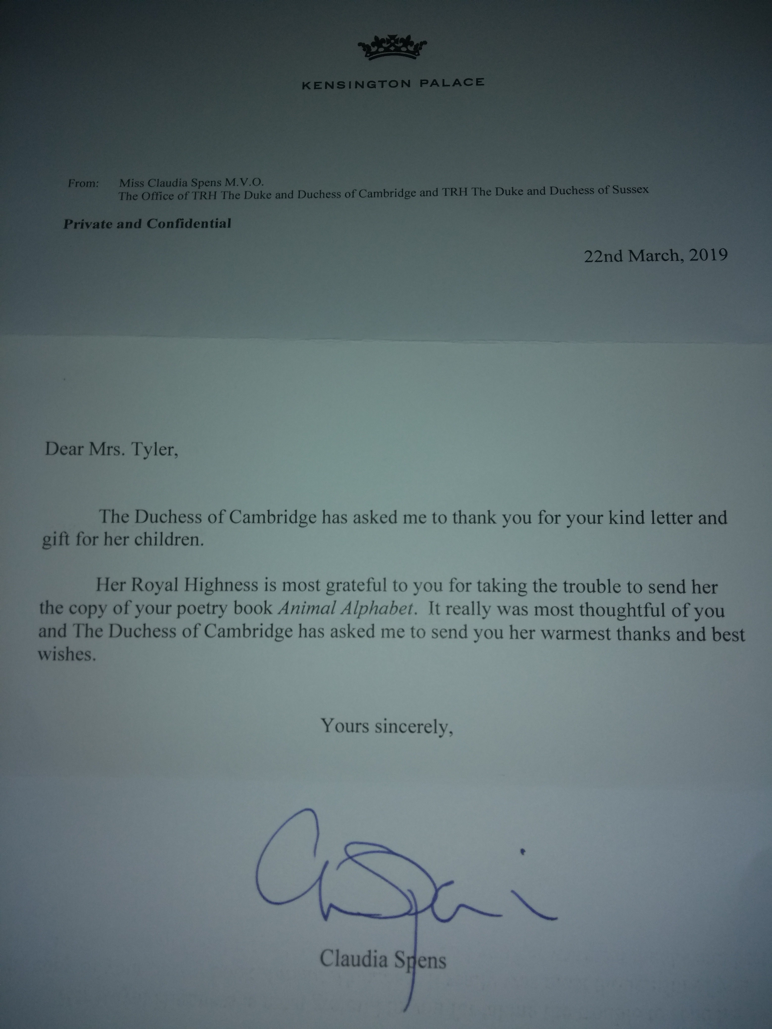 Author Maureen Tyler Receives a Letter of Thanks from Kensington Palace, London on Her Book