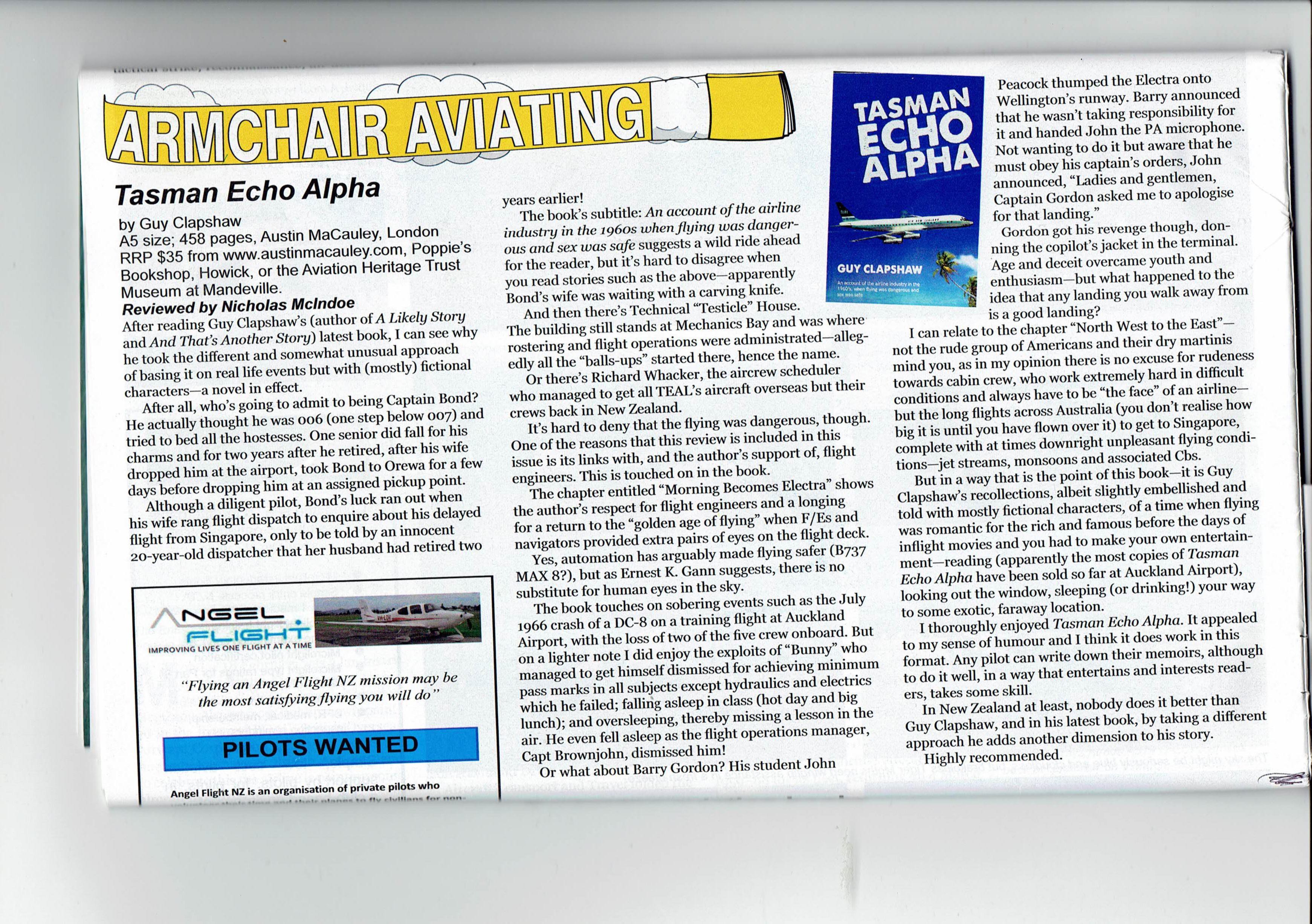 Tasman Echo Alpha by Guy Clapshaw Featured in Aviation News Magazine