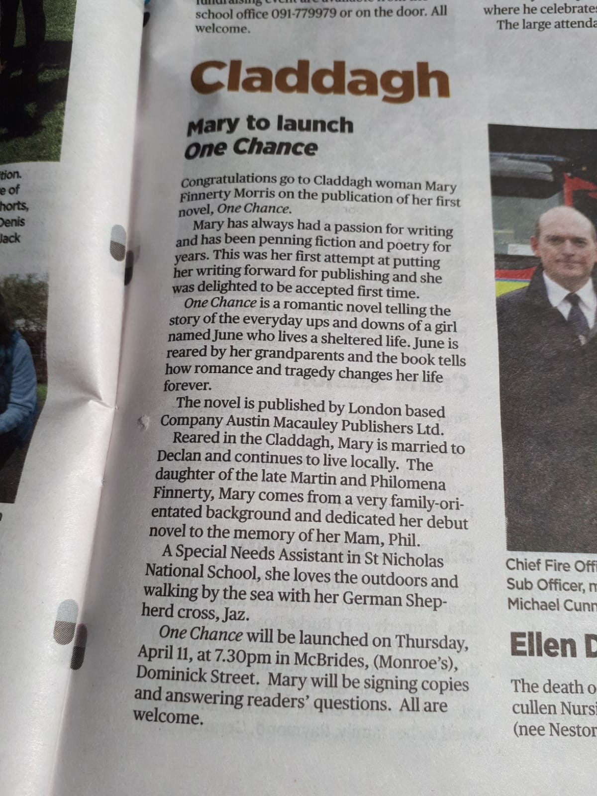 One Chance’s Author Congratulated on Her Publication by the Connacht Tribune