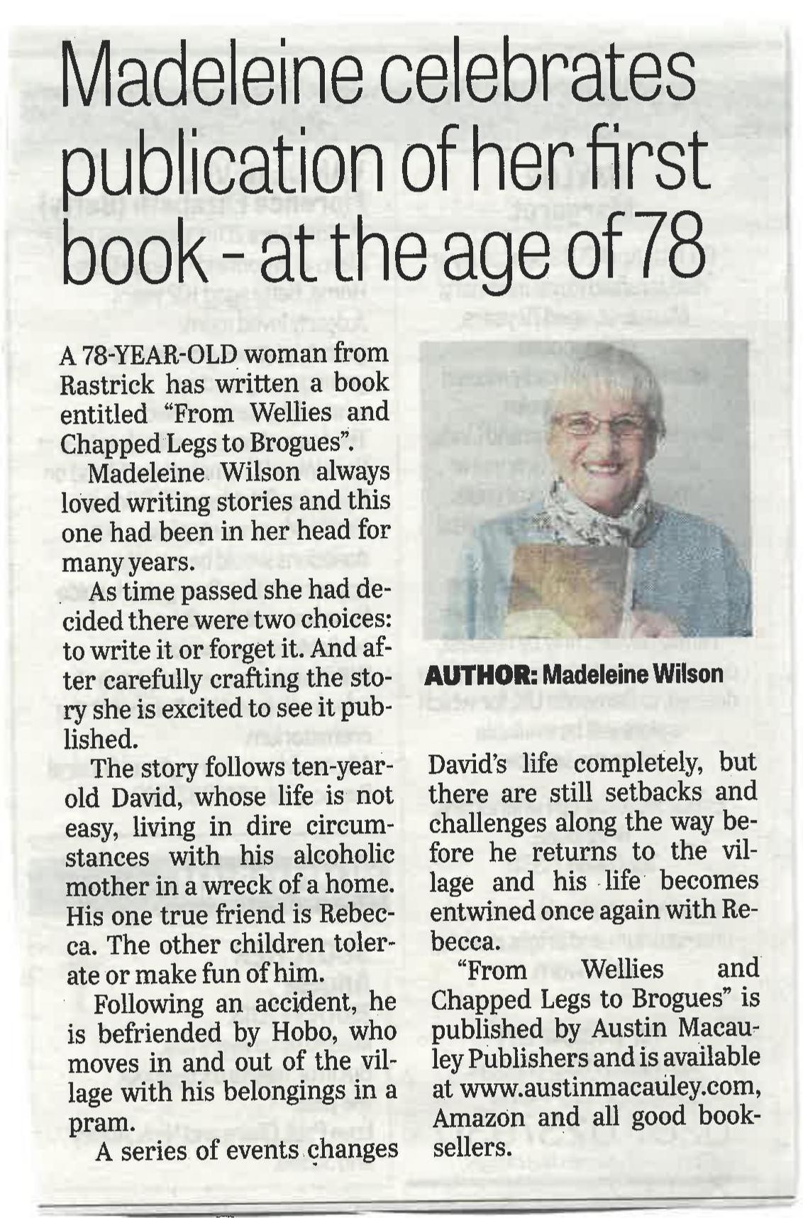Author of From Wellies and Chapped Legs to Brogues, Madeleine Wilson featured in The Brighouse Echo Newspaper