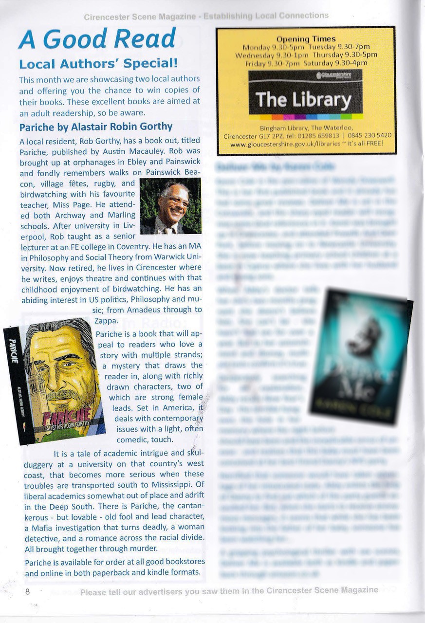 Author of Pariche, Alistair Robin Gorthy Featured on the Cirencester Scene Magazine
