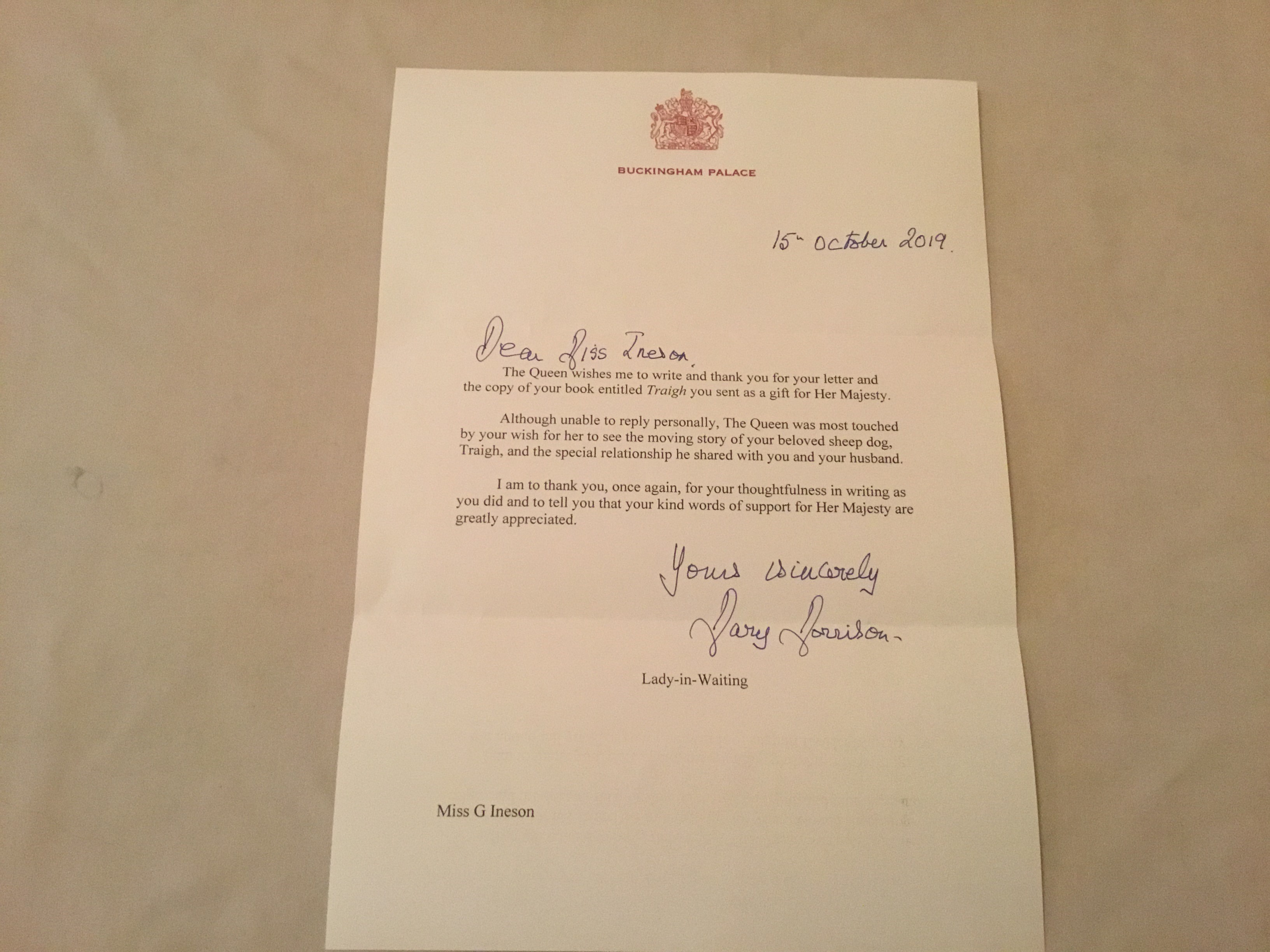 Gwen Ineson Recieves Letter from the Queen